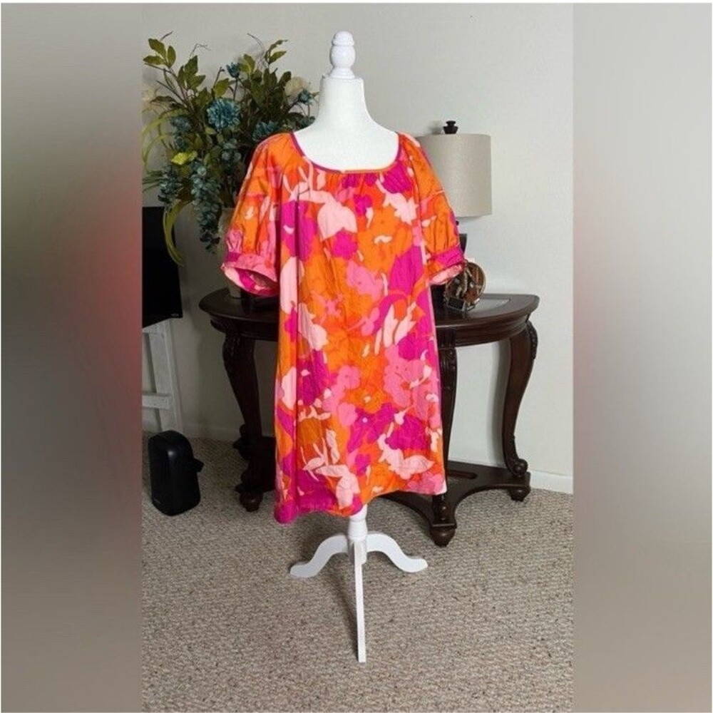 Free Assembly Floral Puff Sleeve Dress XL Pink Orange Open Tie Back With Pockets